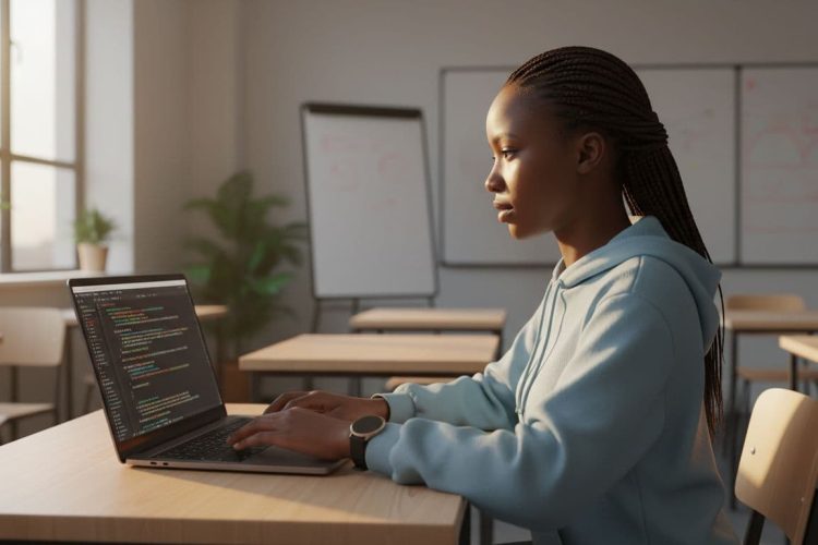 A young South African student sits focused at a desk in a modern classroom, typing simple code on an open laptop with natural daylight illuminating the scene.