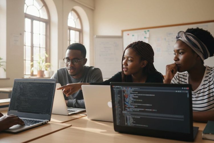 A diverse group of three young adults sits at shared desks in a bright Johannesburg classroom, intently collaborating on a software project with laptops open to code editors, one pointing at the screen while others nod in agreement, illuminated by natural window light.